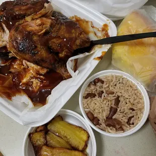 BBQ Chicken, rice &amp; beans, plantains, and cornbread
