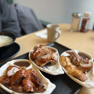 three plates of food on a table