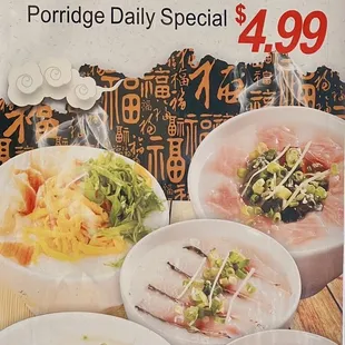 Porridge Daily Special $4.99 menu as of 5/8/23