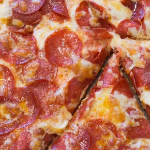 a closeup of a pepperoni pizza