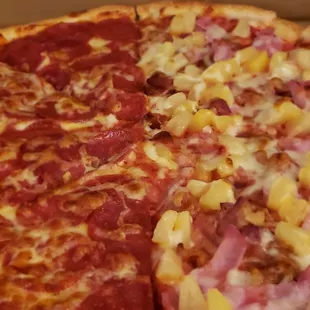 Half pepperoni/Half Canadian Bacon and pineapple  ALL delicious!