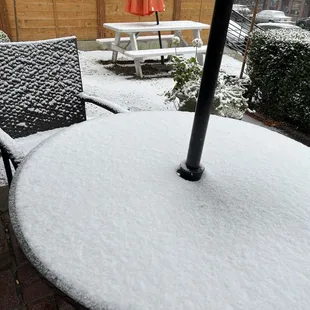 Outside this cafe where they&apos;re tables were full of snow