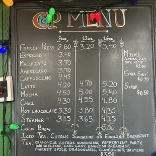 Coffee menu (outside board)