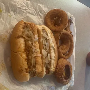 Chilli Dog and Onion Rings