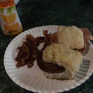 Sausage biscuit and ham biscuit with additional bacon