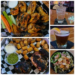 2'18'2024 C &amp; R Grilled Wings, C &amp; R Rotisserie Chicken Half, Lost Ark Rum &amp; Sprite, Hot Toddy and Side Salad.