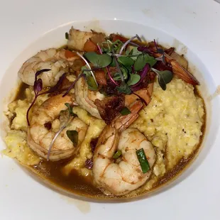 Brunch Specialties:  SHRIMP &amp; GRITS: jumbo shrimp, New Orleans bbq sauce, lardon, green onion, red bell pepper, creamy logan turnpike grits