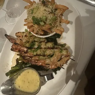 Entree: shrimp, asparagus, and truffle fries