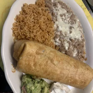 Chicken chimichanga with rice and beans