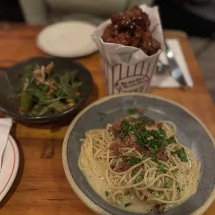 Popcorn chicken, fried okra, and pasta!