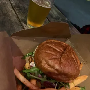 Burger fries beer saturday night food for my roommate