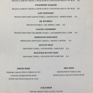 Drinks menu
