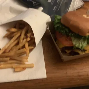 Fries and Englewood Cheeseburger + lettuce +tomato. Glad they&apos;re close for a dinner craving!