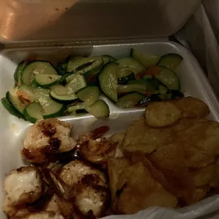 Grilled shrimp, veg &amp; chips (subbed instead of rice)