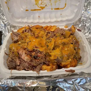 Big Ass Brisket over waffle fries with seasoning and sauce