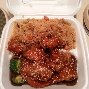 Sesame Chicken with extra chicken which is a total of from 6 to 9 pieces of chicken.  $2.00 extra