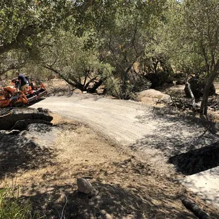 a dirt road in the woods