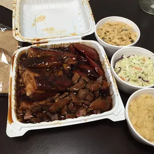 3 way combo: pork ribs, brisket &amp; hot links Sides: Mac salad, potato salad &amp; cole slaw