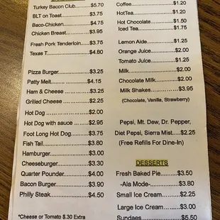 Sammy's Drinks &amp; Dessert Menu