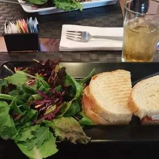 Greek chicken panini and iced green tea.