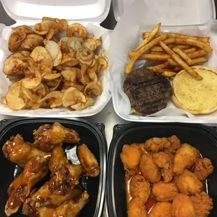 Ribbon fries, plain charbroiled burger, honey bourbon wings, boneless medium buffalo wings