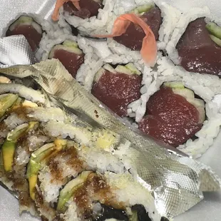 Tuna Roll + cucumber &amp; Shrimp Tempura Roll with cream cheese