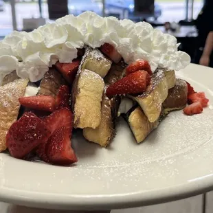 French toast delight, three slices of French toast stuffed with cream cheese and strawberries