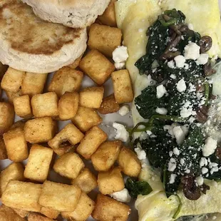 Greek omelette made with mushrooms, spinach, and feta cheese