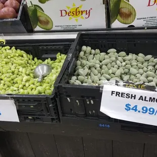 fresh almonds, peas, and pears