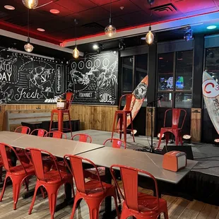 tables and chairs in a restaurant