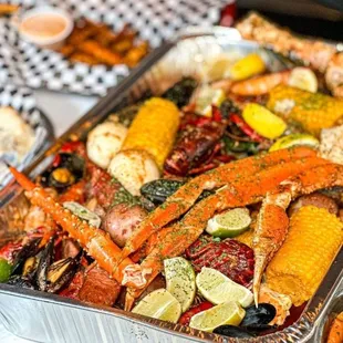 a variety of seafood dishes