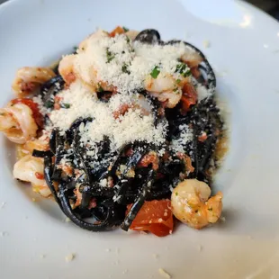 Linguine Nere Con Salame Calabrese E Gamberi
 squid ink linguini, spicy calabrese salami, shrimp, cherry tomato sauce