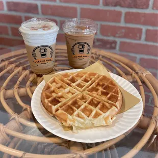 Sea salt coffee, house milk coffee, and durian waffle