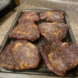 6 rib eye steaks no bone grilled on a Weber