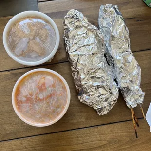 a hot dog and a bowl of soup