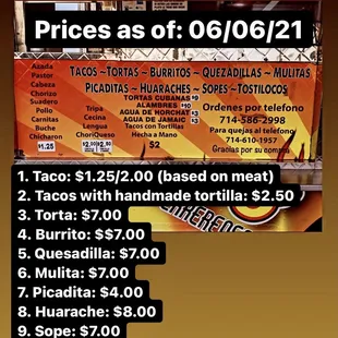 Menu: prices as of 06/06/2021