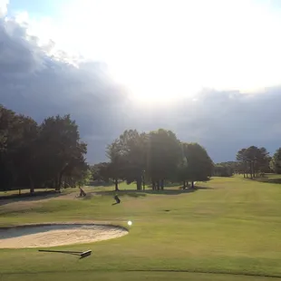 Looking down hole 16 as the fairways begin to come in