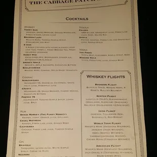 the menu for the cabbage patch saloon