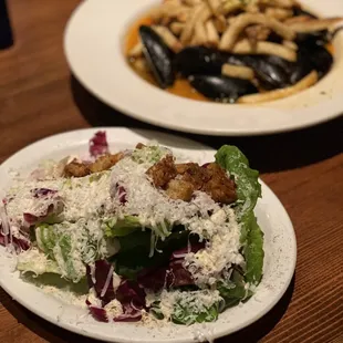 Cesar salad and mussel /fries