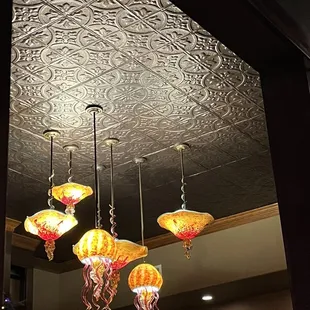 a chandelier in a restaurant