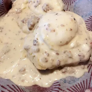 Biscuits &amp; Gravy (Sausage Gravy w/ Poached Egg)- I got mine in a To-Go container because I wasn't sure if I had time to dine in or not.