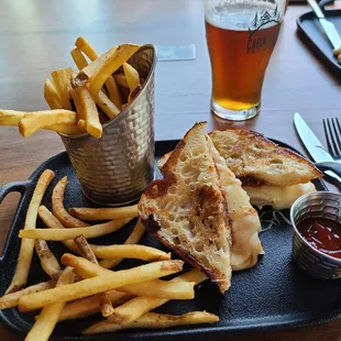 Upside-Down Grilled Cheese, fries and Kilkenny's Irish Red