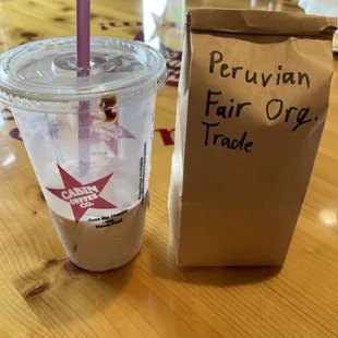 Iced white coffee and Peruvian beans
