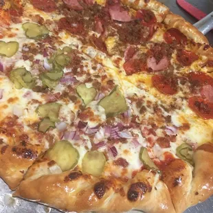 Half Cheeseburger pizza half All You Can Meat pizza