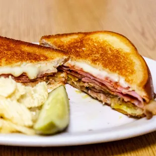 Delicious hot ham and cheese sandwich.