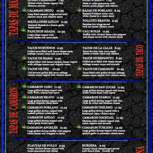 MENUUU!! 
-appetizers
-taco plates 
-shrimp plates 
-dinner plates