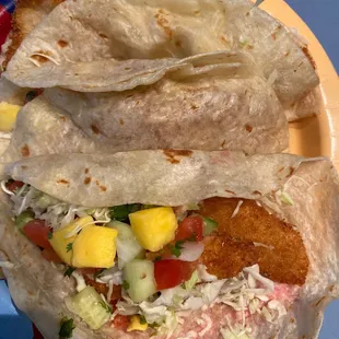 Just Fish Tacos.   With mango salsa