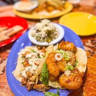 Soy Ginger Shrimp Tacos and Grilled Serrano Chicken Tacos