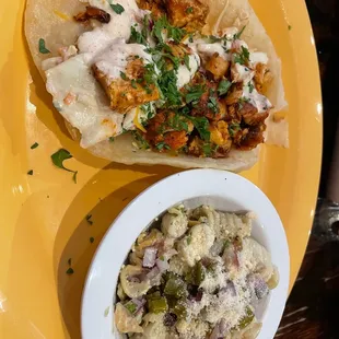 BBQ Mahi-Mahi Tacos with avocado pasta salad (split order so this is half)