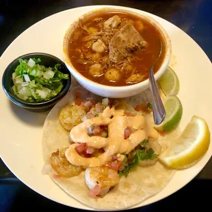 Cup of Pazole amd shrimp taco